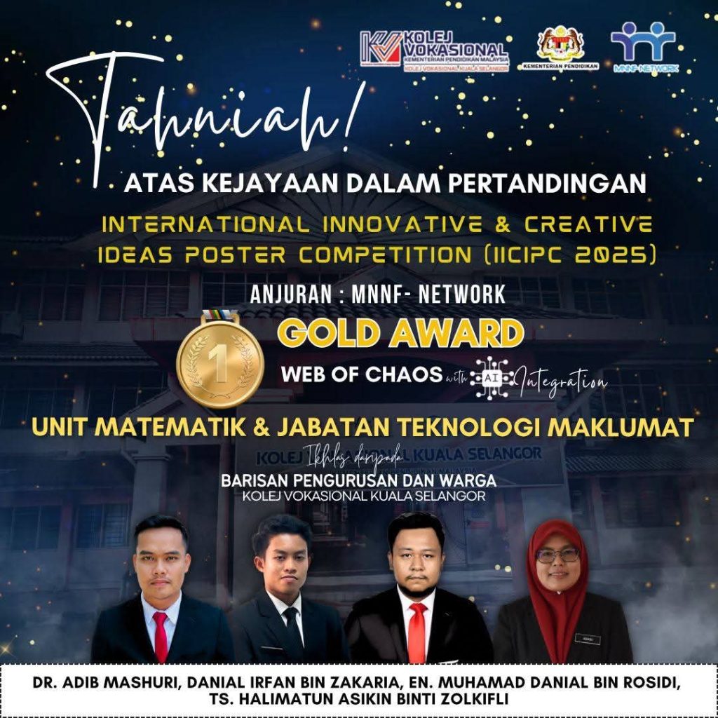 Poster ucapan tahniah kepada Unit Matematik dan Jabatan Teknologi Maklumat atas kejayaan memperoleh Gold Award bagi projek “Web of Chaos” dalam pertandingan International Innovative & Creative Ideas Poster Competition (IICPC 2025) anjuran MNF Network. Turut dipaparkan gambar barisan penyelidik dan warga jabatan.